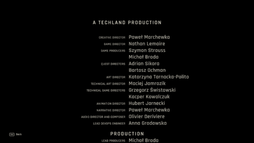 Credits screenshot of Dying Light: The Beast video game interface.