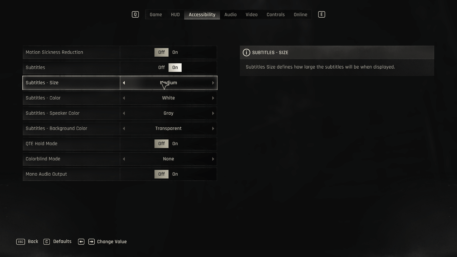 Accessibility screenshot of Dying Light: The Beast video game interface.
