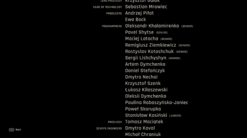 Credits screenshot of Dying Light: The Beast video game interface.