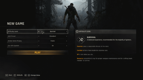 Difficulty Selection screenshot of Dying Light: The Beast video game interface.