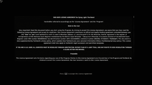 EULA screenshot of Dying Light: The Beast video game interface.