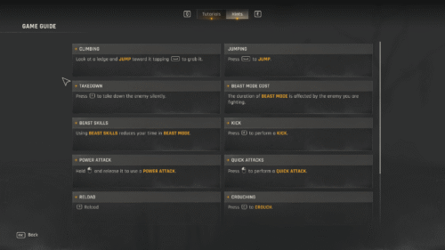 Hints Menu screenshot of Dying Light: The Beast video game interface.