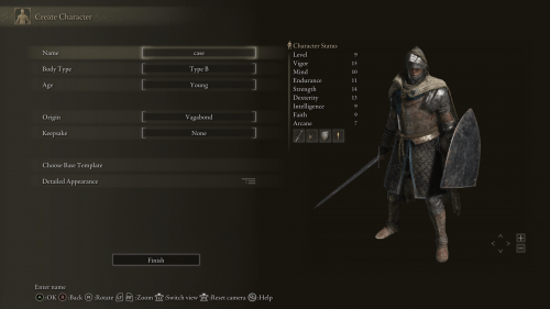 Chararacter creation screenshot of Elden Ring video game interface.