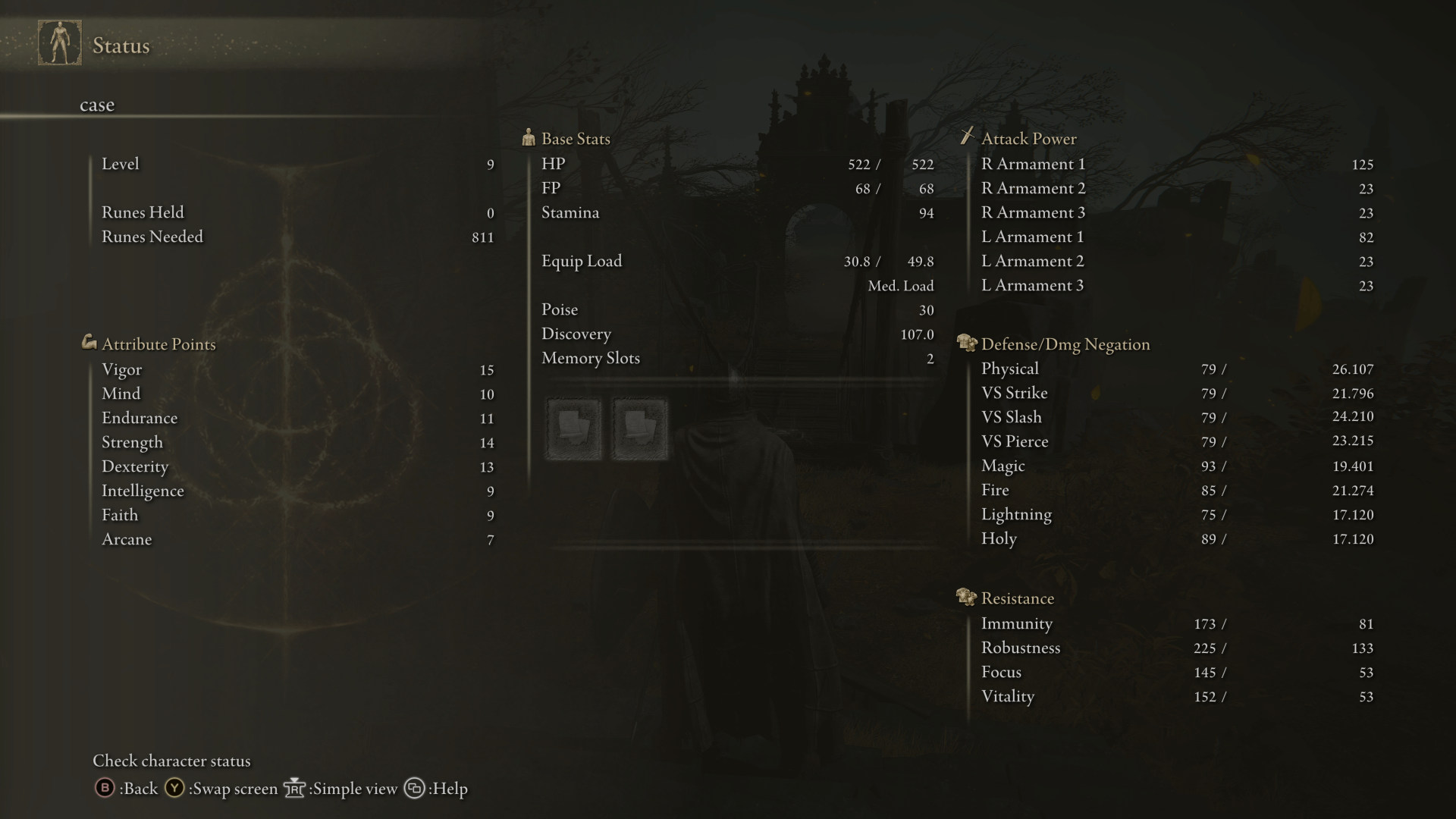 Status screenshot of Elden Ring video game interface.