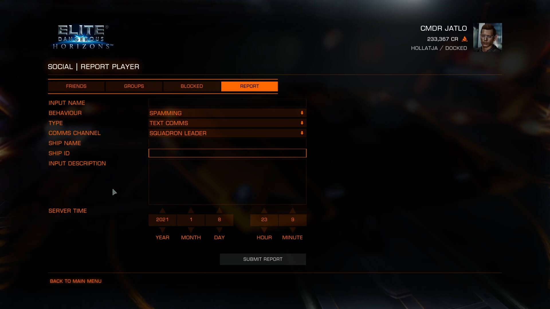 Player reporting screenshot of Elite: Dangerous video game interface.