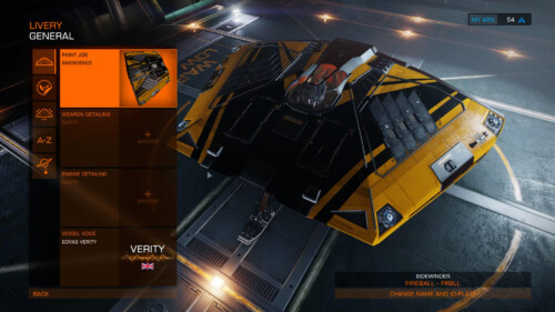 Ship livery screenshot of Elite: Dangerous video game interface.