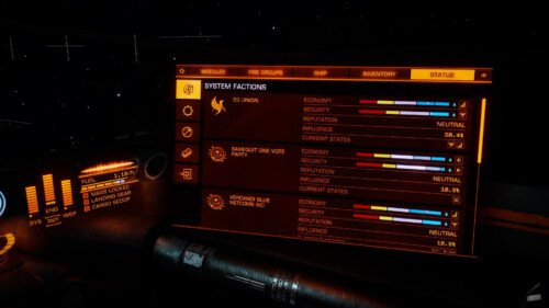 Ship screen - Factions screenshot of Elite: Dangerous video game interface.
