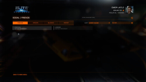 Social menu screenshot of Elite: Dangerous video game interface.