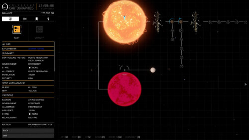 Solar system screenshot of Elite: Dangerous video game interface.