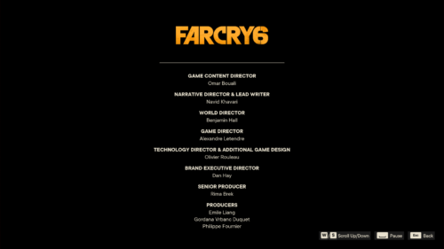 Credits screenshot of Far Cry 6 video game interface.