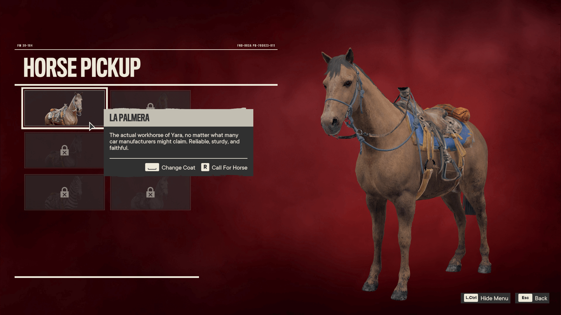 Horse screenshot of Far Cry 6 video game interface.