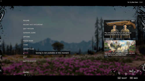 Pause screenshot of Far Cry New Dawn video game interface.