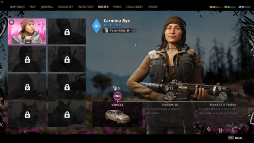 Roster screenshot of Far Cry New Dawn video game interface.
