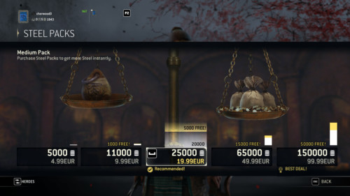 Steel packs screenshot of For Honor video game interface.