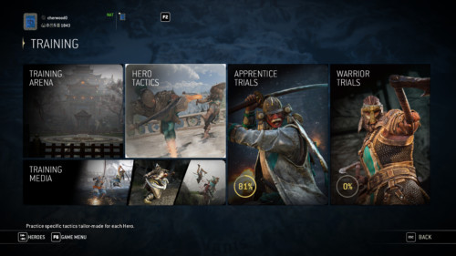 Training screenshot of For Honor video game interface.