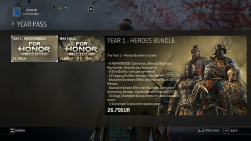Year pass screenshot of For Honor video game interface.