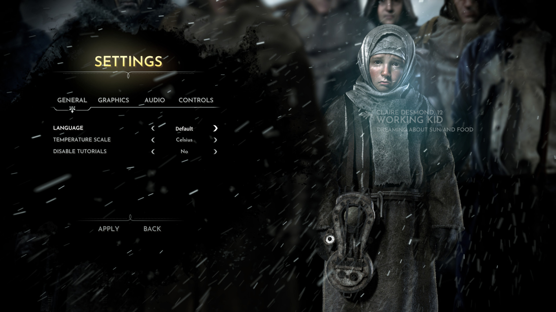 General settings screenshot of Frostpunk video game interface.