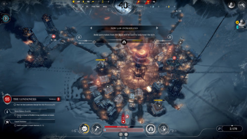New law introduced screenshot of Frostpunk video game interface.