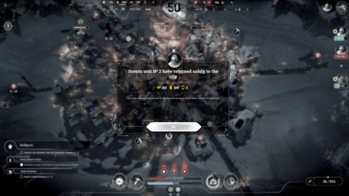 Scouts unit have returned to the city screenshot of Frostpunk video game interface.