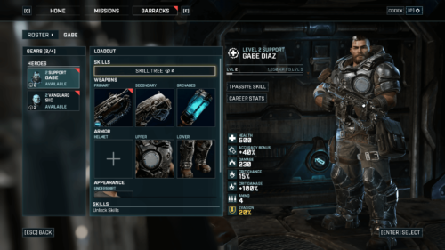 Roster screenshot of Gears Tactics video game interface.