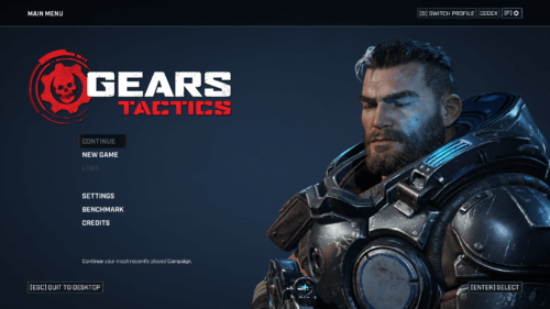 Main Menu screenshot of Gears Tactics video game interface.
