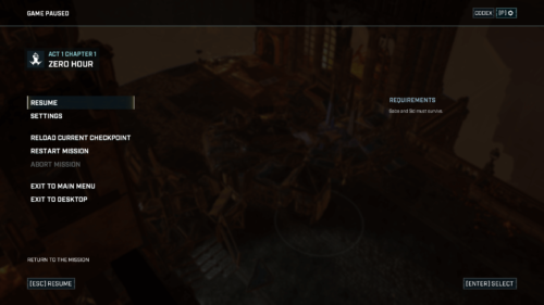 Pause screenshot of Gears Tactics video game interface.