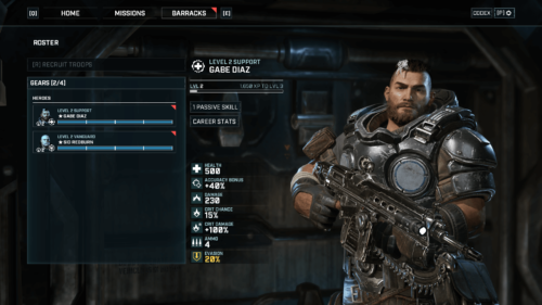 Roster screenshot of Gears Tactics video game interface.