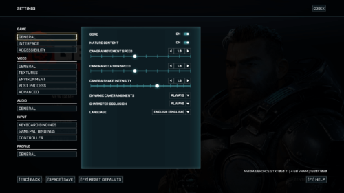 Settings screenshot of Gears Tactics video game interface.