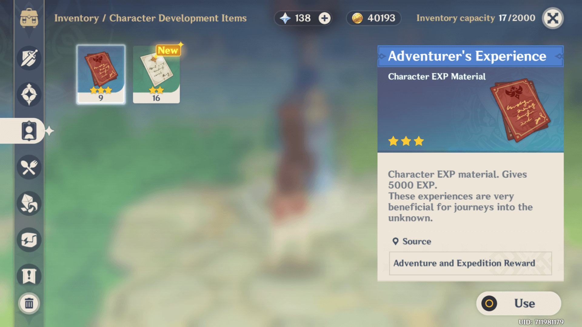 Character Development Items screenshot of Genshin Impact Mobile video game interface.