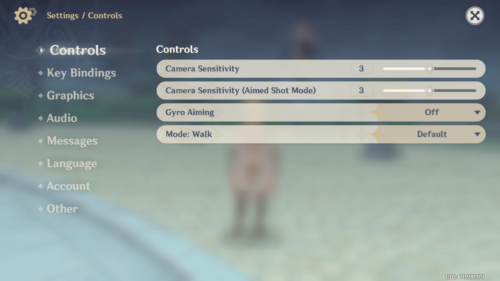 Controls screenshot of Genshin Impact Mobile video game interface.