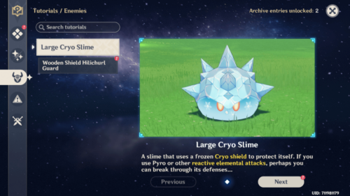 Enemies tutorials screenshot of Genshin Impact Mobile video game interface.