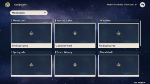 Geography screenshot of Genshin Impact Mobile video game interface.