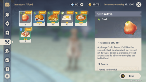 Inventory food screenshot of Genshin Impact Mobile video game interface.