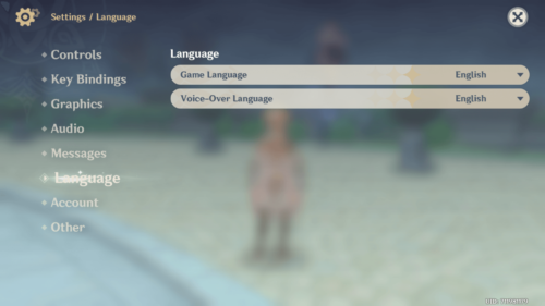 Language screenshot of Genshin Impact Mobile video game interface.