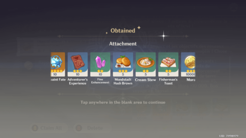 Obtained screenshot of Genshin Impact Mobile video game interface.