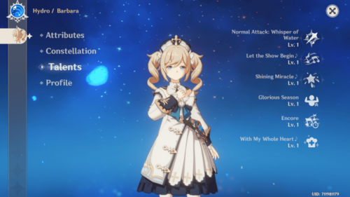 Talents screenshot of Genshin Impact Mobile video game interface.