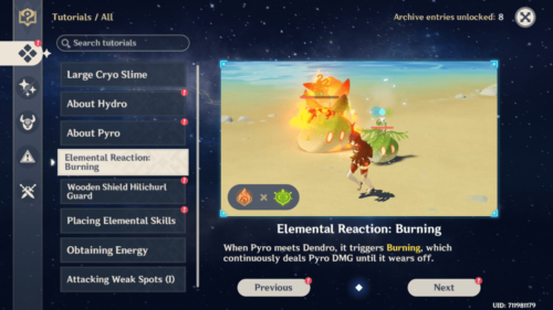 Tutorials screenshot of Genshin Impact Mobile video game interface.