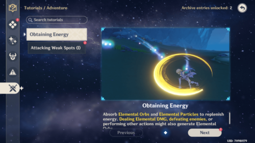 Tutorials Adventure screenshot of Genshin Impact Mobile video game interface.