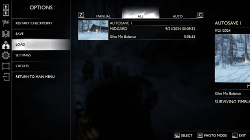 Load Game screenshot of God of War Ragnarök video game interface.