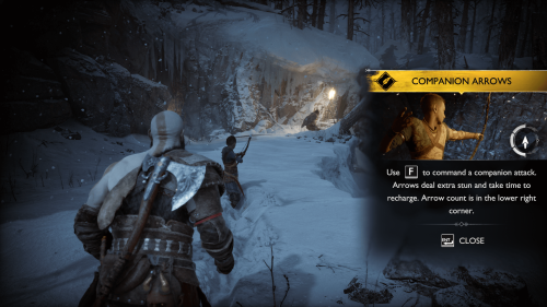 Tutorial screenshot of God of War Ragnarök video game interface.
