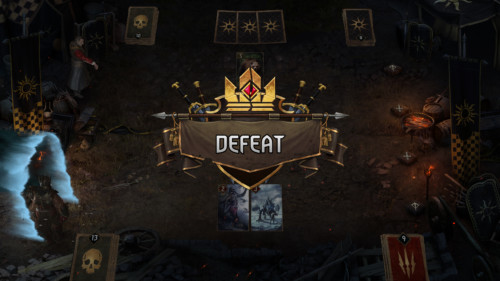 Defeat screenshot of Gwent: The Witcher Card Game video game interface.