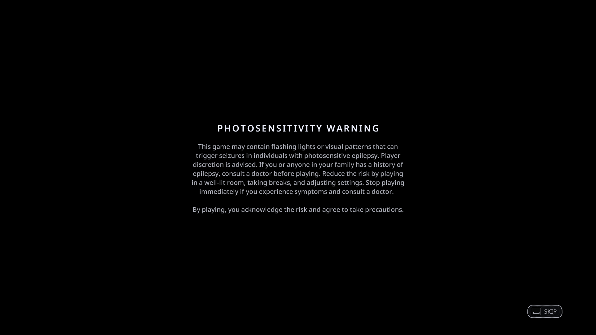 Epilepsy Warning screenshot of Hell is Us video game interface.