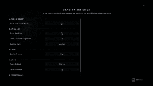 Startup Settings screenshot of Hell is Us video game interface.