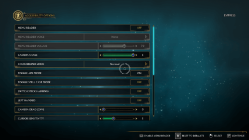 Accessibility screenshot of Hogwarts Legacy video game interface.