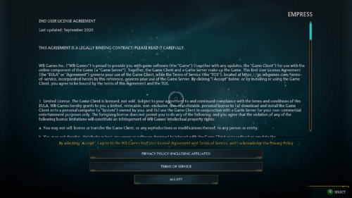 EULA screenshot of Hogwarts Legacy video game interface.