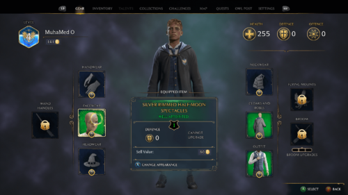 Gear screenshot of Hogwarts Legacy video game interface.