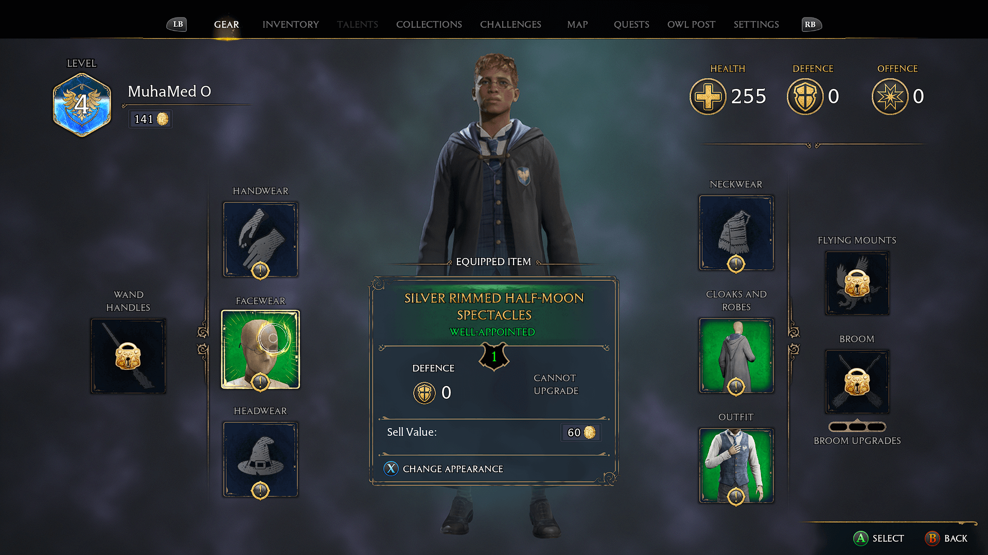 Gear screenshot of Hogwarts Legacy video game interface.