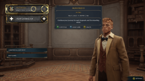 Main Menu screenshot of Hogwarts Legacy video game interface.