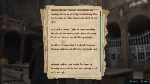 Note screenshot of Hogwarts Legacy video game interface.