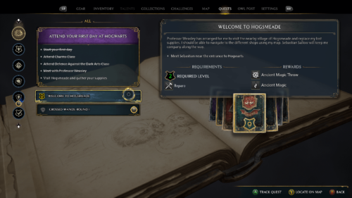 Quests screenshot of Hogwarts Legacy video game interface.